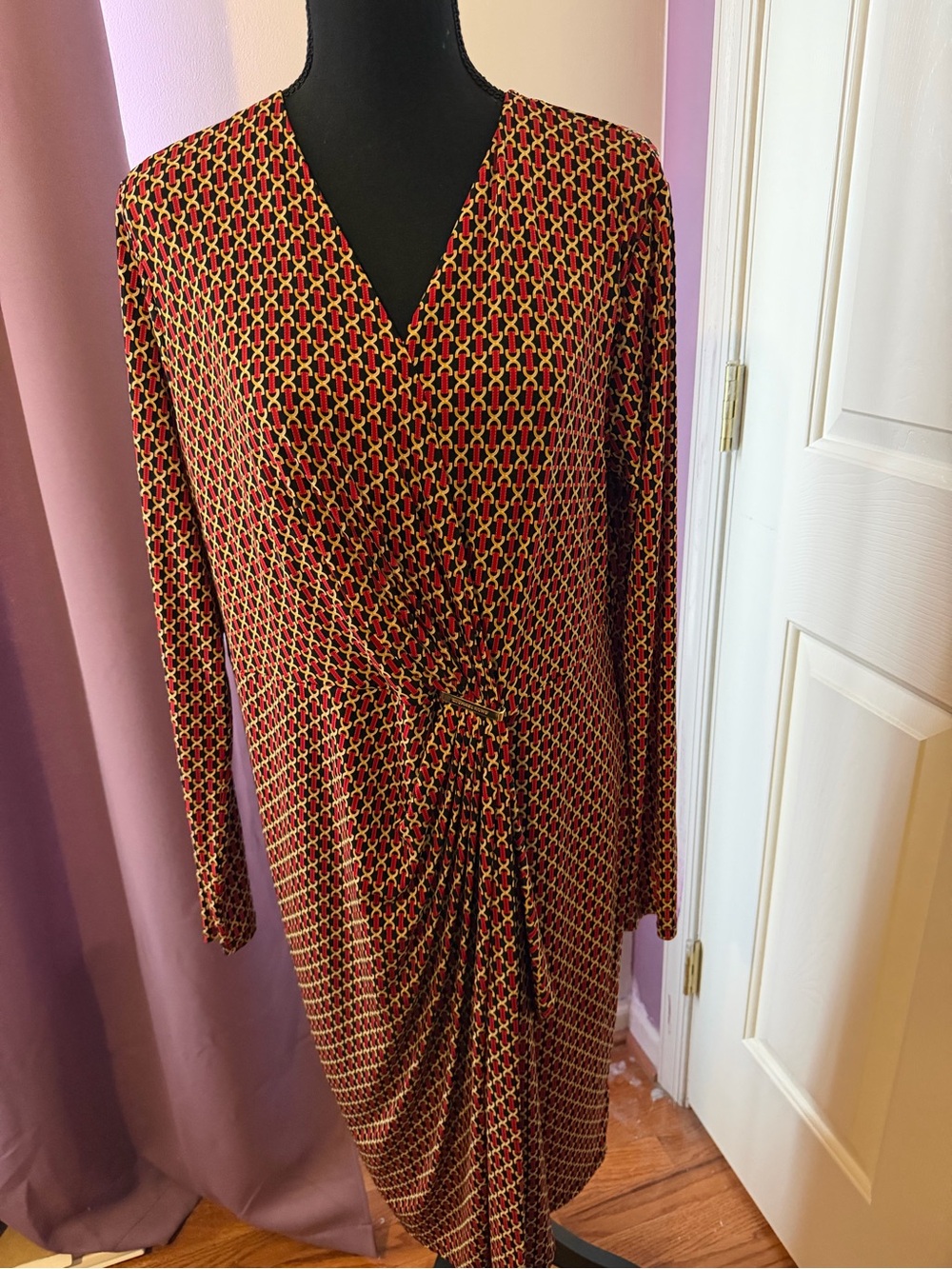 MICHAEL Michael Kors Black Red Gold Chain Print Ruched Dress XL